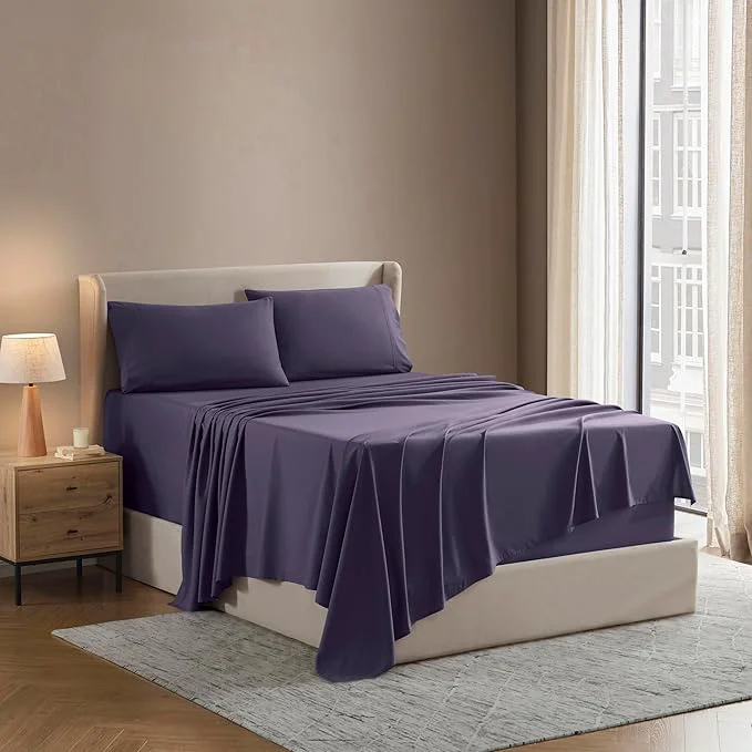 Crafted Nestl Short Queen Sheet Set – 1800 Ultra-Soft Microfiber – Double Brushed – Deep Pockets – Easy Fit – 4 Piece Set – Bed Sheets Short Queen Purple Unique