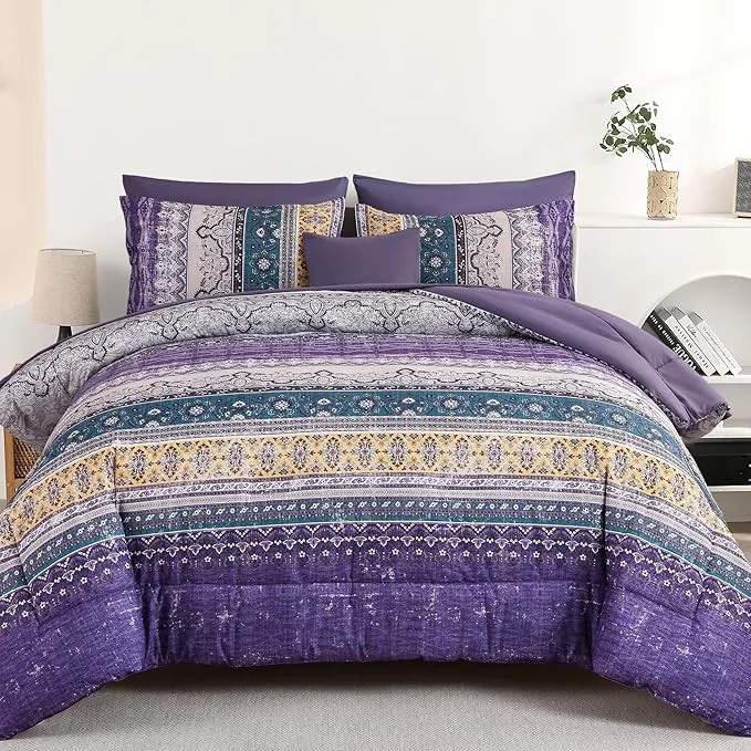 Consistent Cottolester Boho King Size Comforter Set 8 Pieces Violet Bohemian Striped Bed in a Bag Paisley Soft Microfiber Bedding Comforter Set Elite