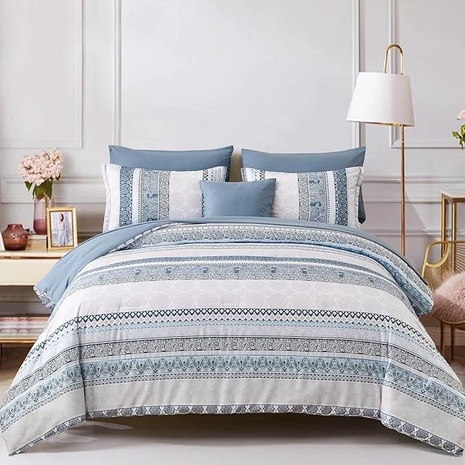 Dependable Cottolester Boho Comforter Set Full Size Light Blue Comforter Set 8 Piece Bed in a Bag Striped Paisley Bedding Sets User-Friendly