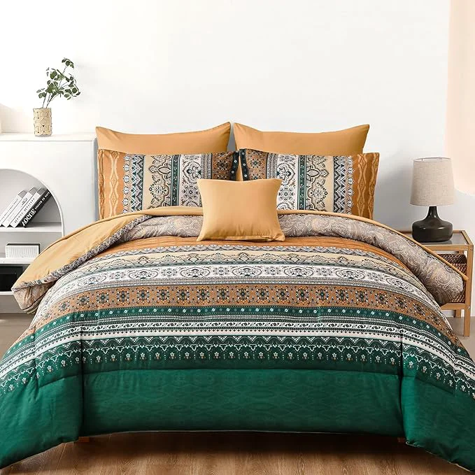 Minimalist Cottolester Boho Comforter Set King Size 8 Pieces Brown and Green Bohemian Striped Bed in a Bag Paisley Soft Microfiber Bedding Comforter Set Sustainable