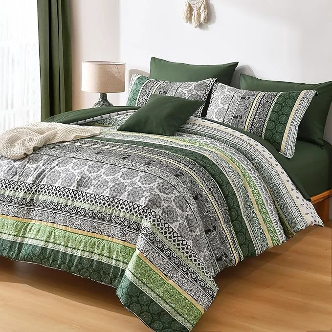 Elegant Cottolester Boho Comforter Set Queen Size 8 Pieces Dark Green Bohemian Striped Bed in a Bag Paisley Soft Microfiber Bedding Comforter Set Contemporary