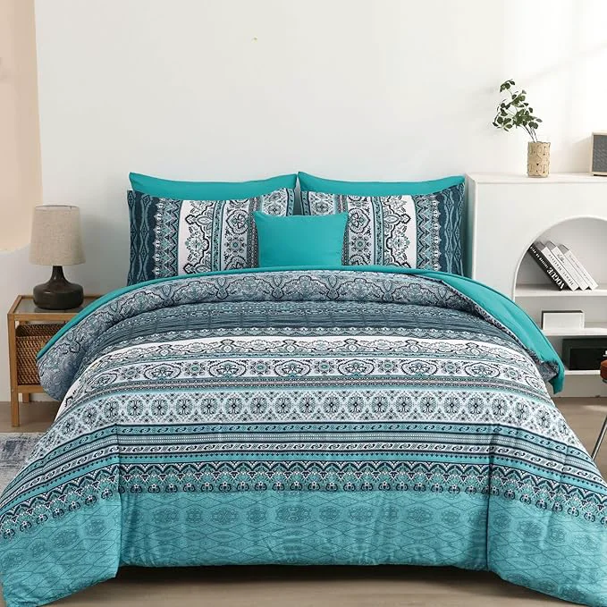 Clean Cottolester Boho King Size Comforter Set 8 Pieces Teal Comforter Bohemian Striped Bed in A Bag Soft Microfiber Bedding Set for All Seasons Proven