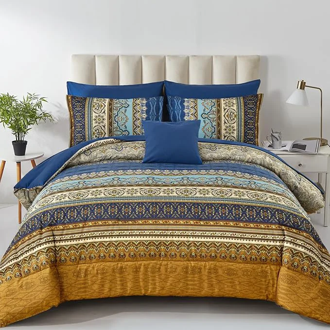 Specialty Cottolester Boho Queen Comforter Set 8 Pieces Brown Blue Bohemian Comforter Paisley Striped Bed in A Bag Soft Microfiber Bedding Set for All Season Premium Material