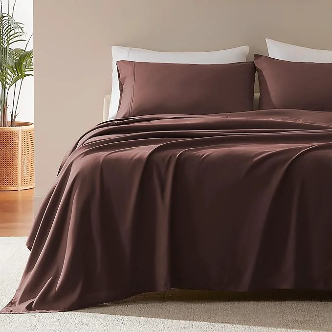 Trendy SLEEP ZONE Nanotex Super Soft Cooling King Bed Sheets Set 4 Piece – Easy Care Fitted Flat Sheet amp Pillowcase Sets – Wrinkle Fade Resistant Deep Pocket 16 quot Brown King Recyclable