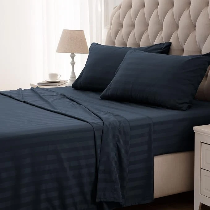 Organic SLEEP ZONE Striped Cooling Sheets Set King Size – Fitted Flat Sheet amp Pillowcase Sets 4 Piece – Super Soft Stripe Bed Sheet Easy Care Deep Pocket Navy Blue King Reusable