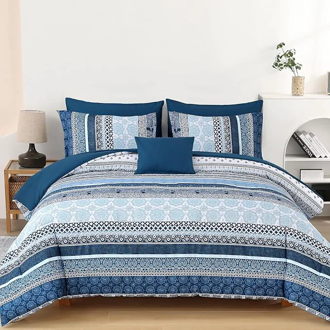 Practical Cottolester Boho Comforter Set California King Size 8 Pieces Navy Blue Bohemian Striped Bed in a Bag Paisley Soft Microfiber Bedding Comforter Set Smart