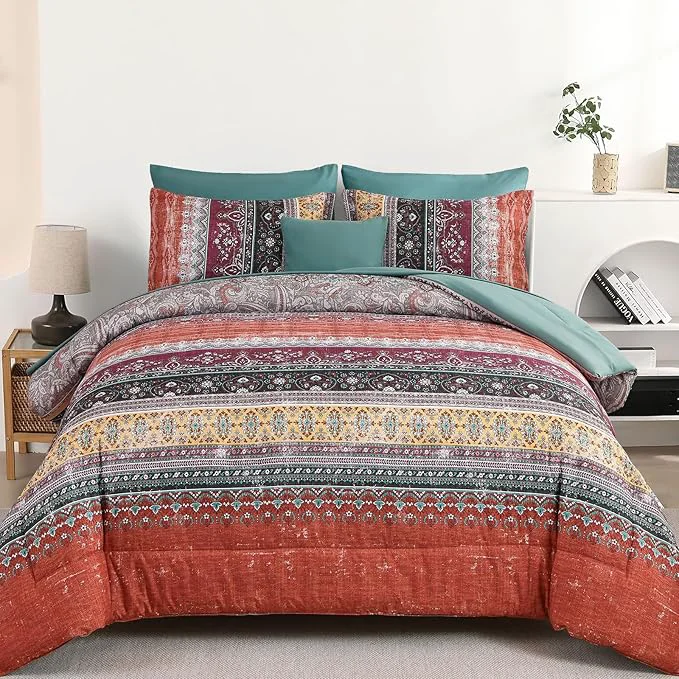 Unique Cottolester Boho Queen Comforter Set 8 Pieces Orange and Green Bohemian Striped Bed in a Bag Paisley Soft Microfiber Bedding Comforter Set Exceptional