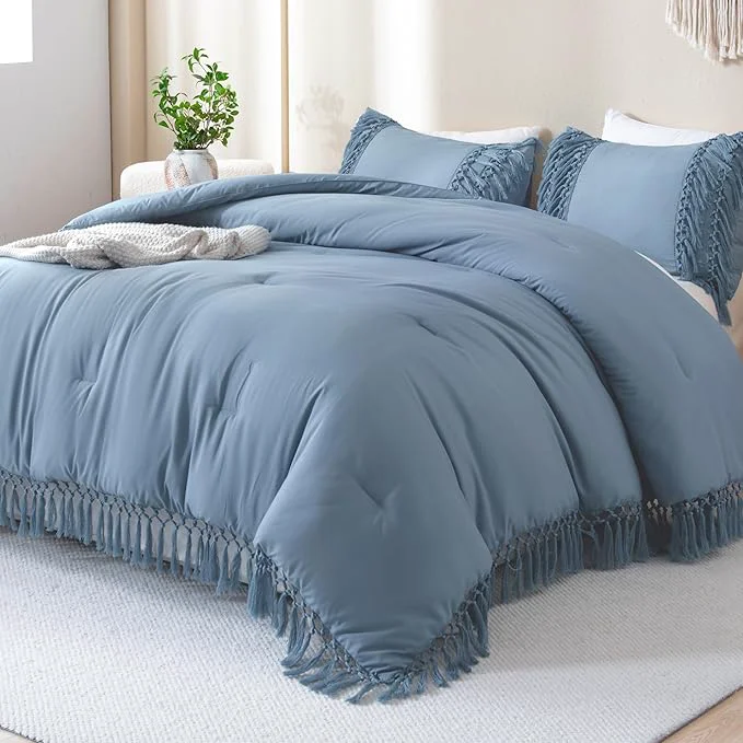Natural Andency Grayish Blue Full Size Comforter Set 3 Pieces Boho Tassel Lightweight Soft Bedding Comforter Sets All Season Fluffy Fringe Bed Set 79x90In Comforter amp 2 Pillowcases Selected