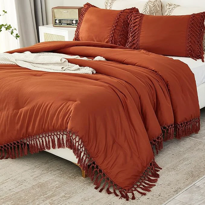Healthy Andency Burnt Orange Comforter Set California King 3 Pieces Boho Cal King Tassel Lightweight Soft Bedding Comforter Sets Oversized Bed Set 104x96In Comforter amp 2 Pillowcases Convenient