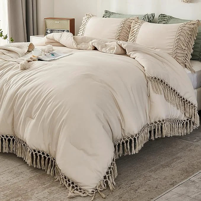 Premium Material Andency Full Size Comforter Sets Beige 3 Pieces Boho Bed Comforter Full Lightweight Tassel Bedding Comforter Set All Season Bed Set 79x90In Comforter amp 2 Pillowcases Classic
