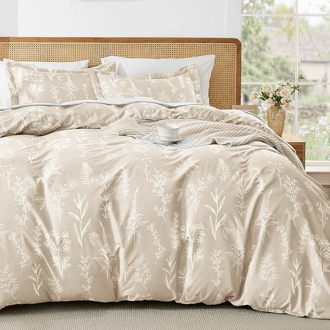 Smooth MUXHOMO Duvet Cover King Size Reversible Floral Beige Duvet Cover Set with Zipper Closure 3 Pieces Botanical Patterns Soft Microfiber Bedding Set 90 quot x104 quot 2 Pillow Cases 20 quot ×36 quot Quality