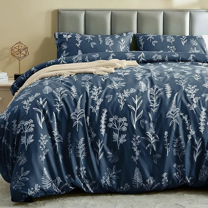 Innovative MUXHOMO Duvet Cover Full Size Reversible Floral Navy Duvet Cover Set with Zipper Closure 3 Pieces Botanical Patterns Soft Microfiber Bedding Set with 4 Ties 80 quot x90 quot 2 Pillow Cases Trusted