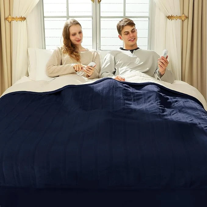 Crafted Heated Blanket King Size 100 quot x 90 quot – Soft Flannel Sherpa King Size Electric Blanket with Dual Control 5 Heating Levels amp 10 Hours Auto Off Washable Heated Blanket with Fast Heating Navy Casual