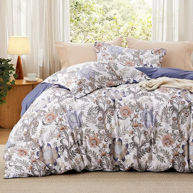 High-End Bedsure Duvet Cover Queen Size – Reversible Blue Floral Duvet Cover Set with Zipper Closure 3 Pieces Blossom Patterned Bedding Set with 8 Corner Ties and 2 Pillow Shams 20 quot x26 quot Efficient
