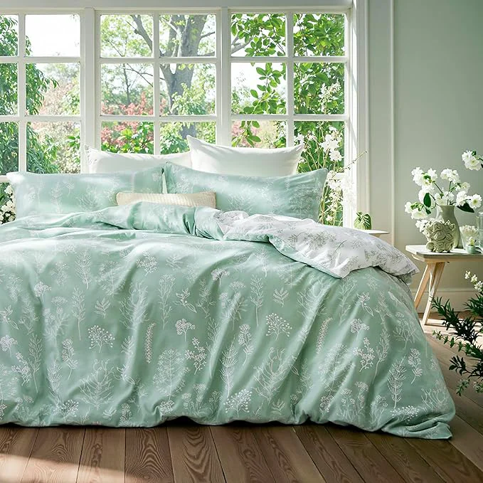 Powerful Bedsure Duvet Cover Queen Size – Reversible Green Queen Duvet Cover Set with Zipper Closure 3 Pieces Floral Patterned Bedding Set with 8 Corner Ties and 2 Pillow Shams Efficient