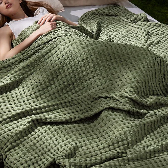 Crafted Bedsure Cooling Cotton Waffle Full Size Blanket – Lightweight Breathable Blanket of Rayon Derived from Bamboo for Hot Sleepers Luxury Throws for Bed Couch and Sofa Olive Green 80×90 Inches Reusable
