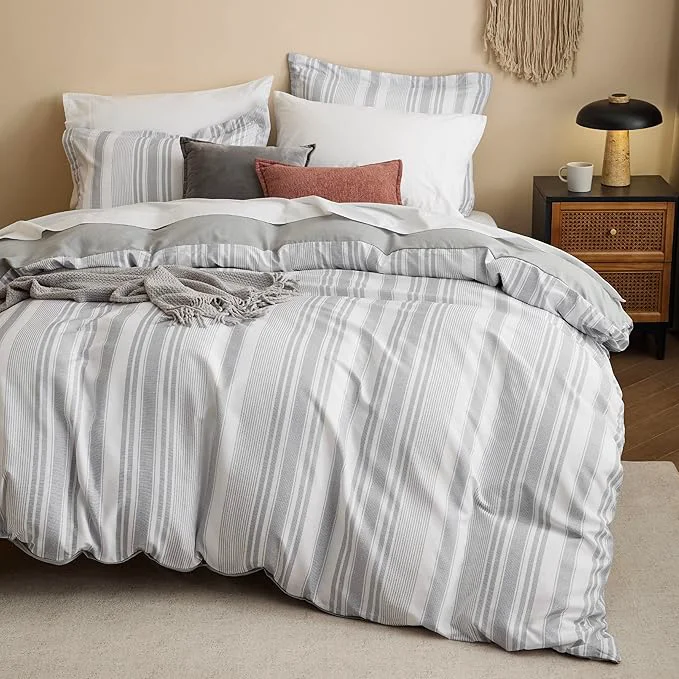 High-End Bedsure Duvet Cover Queen Size – Striped Reversible Duvet Cover Set with Zipper Closure 3 Pieces Grey Bedding Set with 8 Corner Ties and 2 Pillow Shams 20 quot x26 quot Reusable