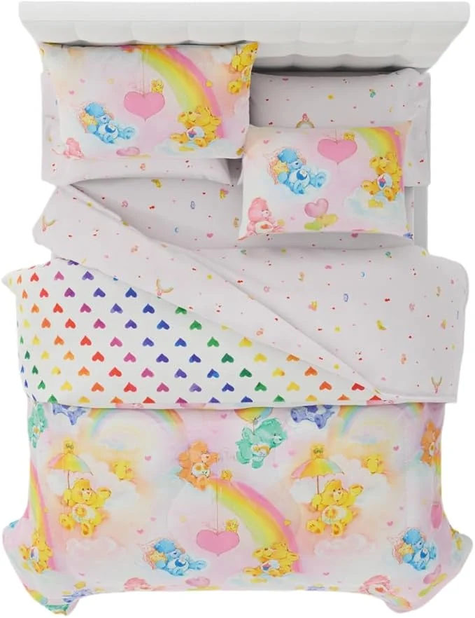 Reusable Care Bears Classic Retro Rainbow Bedding 7 Piece Super Soft Comforter and Sheet Set with Sham Queen Licensed Product by Franco Collectibles Prestigious