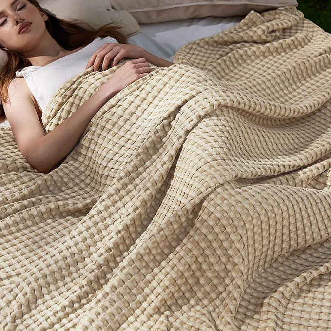 Premium Material Bedsure Cooling Cotton Waffle Queen Size Blanket -Lightweight Breathable Blanket of Rayon Derived from Bamboo for Hot Sleepers Luxury Throws for Bed Couch and Sofa Light Brown 90×90 Inches Eco-Friendly
