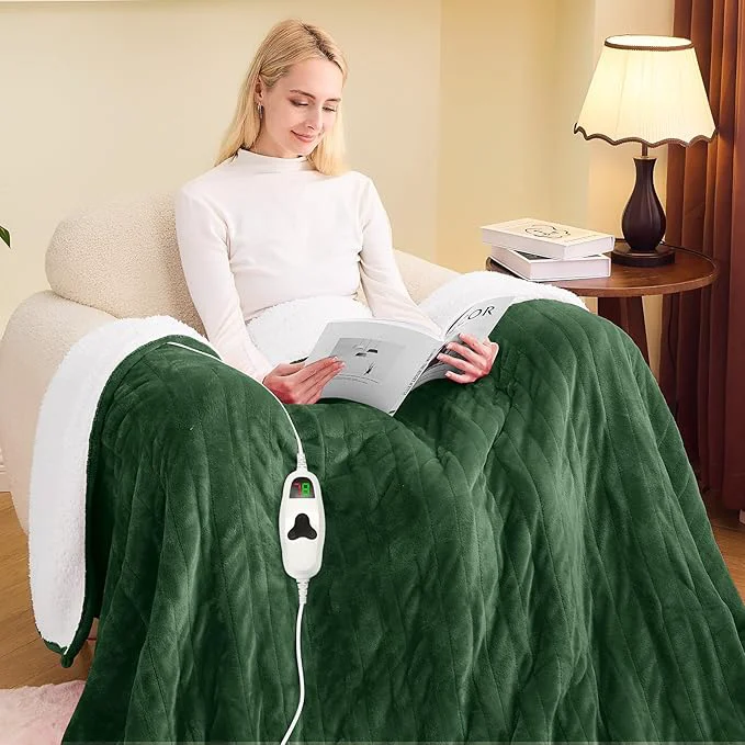 greenoak Heated Blanket Electric Twin 62 quot X84 quot Heating Blankets with 10 Levels 8 Hours Auto-Off Soft Flannel Sherpa Fluffy House Warming Gifts for Grandma Seniors Momt Jade Green Next-Generation