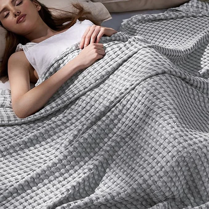 Sophisticated Bedsure Cooling Cotton Waffle King Size Blanket – Lightweight Breathable Blanket of Rayon Derived from Bamboo for Hot Sleepers Luxury Throws for Bed Couch and Sofa Grey 104×90 Inches