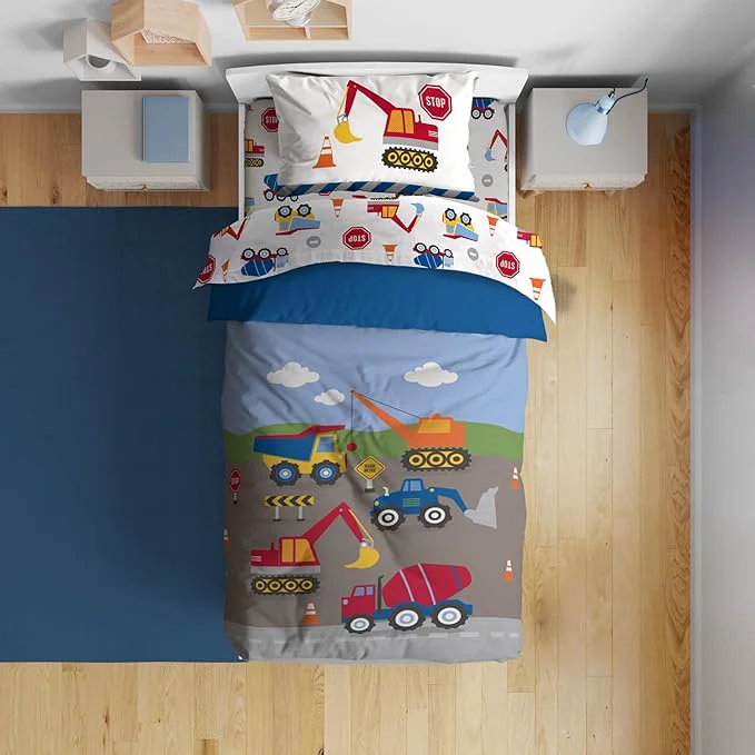 Advanced Sunny Side Up Construction Zone Toddler Comforter Set – 4 Piece Preschool Bedding Includes Comforter Sheets amp Pillow Cover – Super Soft Vehicles Microfiber Bed Set Professional