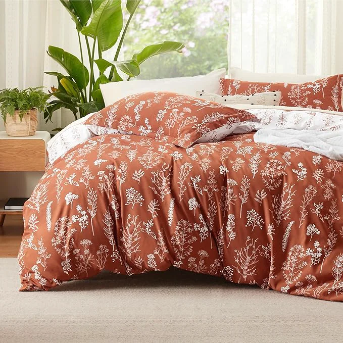 Durable Bedsure Duvet Cover Full Size – Reversible Terracotta Full Duvet Cover Set with Zipper Closure 3 Pieces Cute Floral Botanical Bedding Set with 8 Corner Ties and 2 Pillow Shams Premium Material