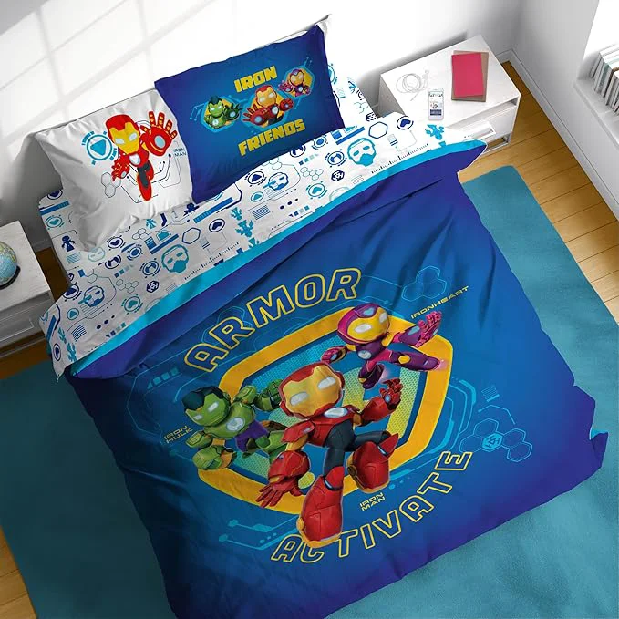 Premium Sunny Side Up Kids Comforter Set Includes Sheets and Pillow Covers – Soft and Cozy Bed Set for Stylish Room Decor Blue – Iron Man and His Friends 7 Piece Full Size Bedding Natural