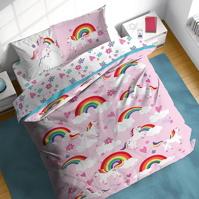 Trusted Sunny Side Up Rainbow Unicorns Full Comforter Set – 7 Piece Kids Bedding Includes Comforter Sheets amp Pillow Cover – Super Soft Pink Floral Microfiber Bed Set High-End