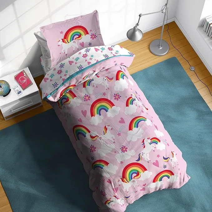Powerful Sunny Side Up Rainbow Unicorns Twin Comforter Set – 5 Piece Kids Bedding Includes Comforter Sheets amp Pillow Cover – Super Soft Pink Floral Microfiber Bed Set Premium Material