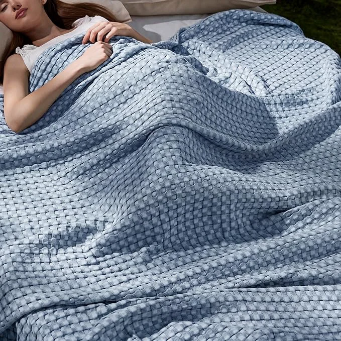 Secure Bedsure Cooling Cotton Waffle King Size Blanket – Lightweight Breathable Summer Blanket of Rayon Derived from Bamboo for Hot Sleepers Luxury Throws for Bed Couch and Sofa Dusty Blue 104×90 Inches Responsible