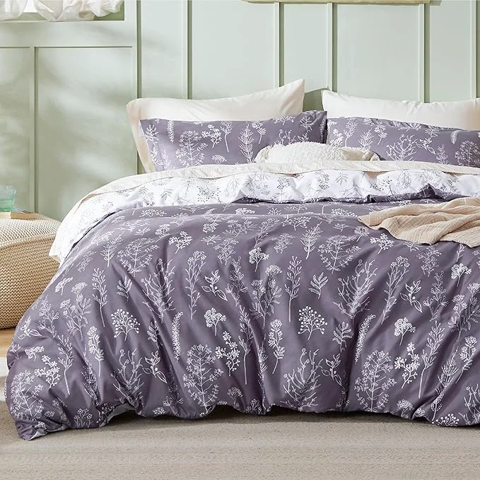 Original Design Bedsure Duvet Cover Queen Size – Reversible Grayish Purple Queen Duvet Cover Set with Zipper Closure 3 Pieces Cute Floral Patterned Bedding Set with 8 Corner Ties and 2 Pillow Shams Comfortable
