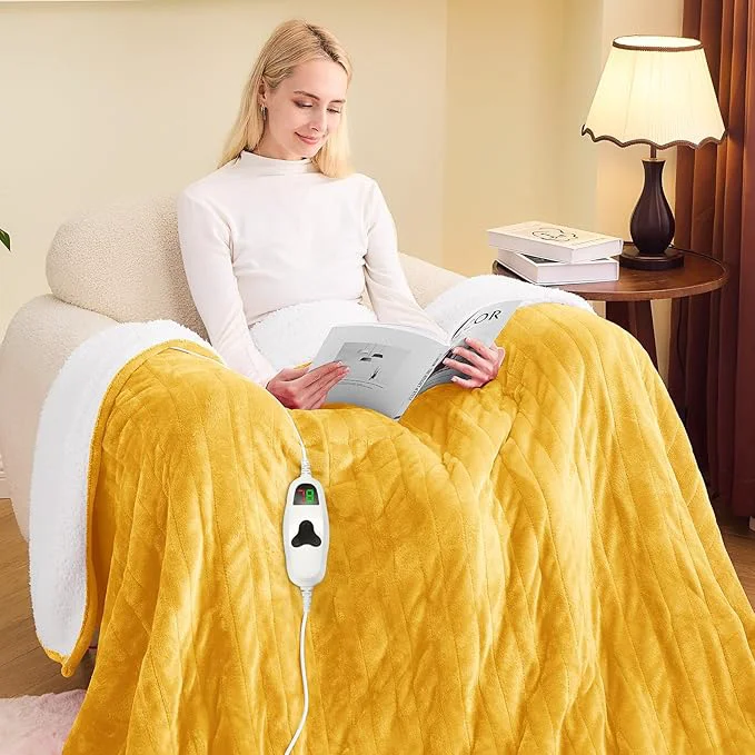 Crafted greenoak Heated Blanket Electric Twin 62 quot X84 quot Heating Blankets with 10 Levels 8 Hours Auto-Off Soft Flannel Sherpa Fluffy House Warming Gifts for Grandma Seniors Mom Ginger Yellow Contemporary