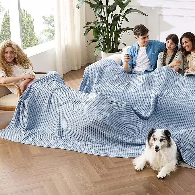 High-Performance Bedsure Cooling Cotton Waffle Oversized King Blanket – Lightweight Breathable Rayon Derived from Bamboo for Hot Sleepers Luxury Throws for Bed and Sofa Sky Blue 120×96 Inches Original