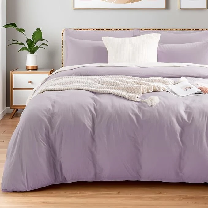 Traditional NEXHOME PRO Duvet Cover Set Queen Size Linen Feel Textured Organic Natural Washed Cotton Duvet Cover Purple Lavender Lilac 3 Pieces Bedding Set Zipper Closure Breathable Soft No Comforter Easy-to-Use