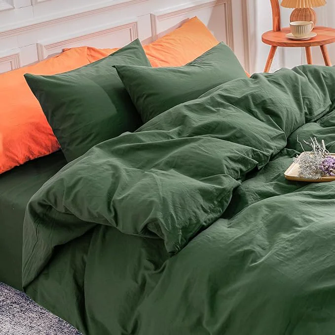 Responsible NEXHOME PRO Duvet Cover Set King Size Linen Feel Textured Organic Natural Washed Cotton Duvet Cover 3 Pieces Bedding Set with Zipper Closure Breathable Forest Green No Comforter Efficient