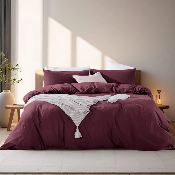 Lightweight NEXHOME PRO Duvet Cover Set Washed Cotton Oversized Queen 98 quot x98 quot Organic Natural Linen Look Textured 3 Pieces Bedding Set Burgundy Dark Red with Zipper Closure Breathable No Comforter Powerful
