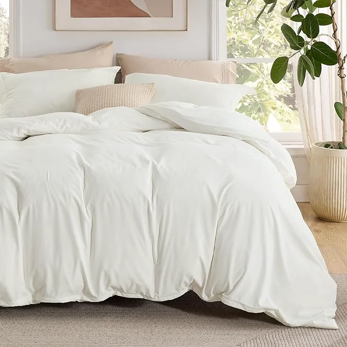 Elegant Bedsure Duvet Cover with Fitted Sheet Queen – Deep Pocket Hotel Luxury Soft Double Brushed Bedding Set with Zipper Closure 1 Duvet Cover 1 Fitted Sheet 2 Pillow Shams NO Comforter Cream White Minimalist