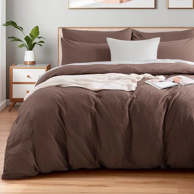 Original NEXHOME PRO King Duvet Cover Set Organic Cotton with Washed Feel amp Linen-Like Texture Comfortable amp Breathable Home Bedding Set Dark Brown No Comforter Authentic