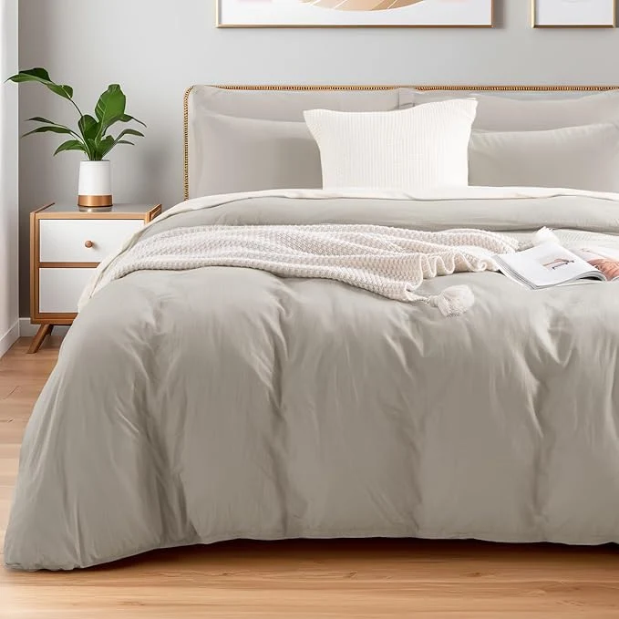 Quality NEXHOME PRO Duvet Cover Full Size Washed Cotton Orgnic Linen Like Textured Breathable Durable Comfy Cream Grey Casual
