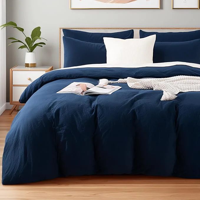 Certified NEXHOME PRO Full Duvet Cover Set Organic Cotton with Washed Feel amp Linen-Like Texture Comfortable amp Breathable Home Bedding Set Navy No Comforter Smart