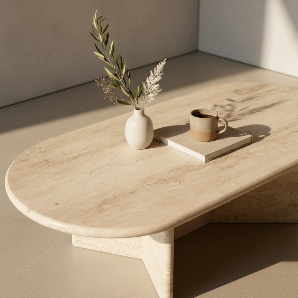 Organic Travertin Oblong coffee table V-shaped legs Solid