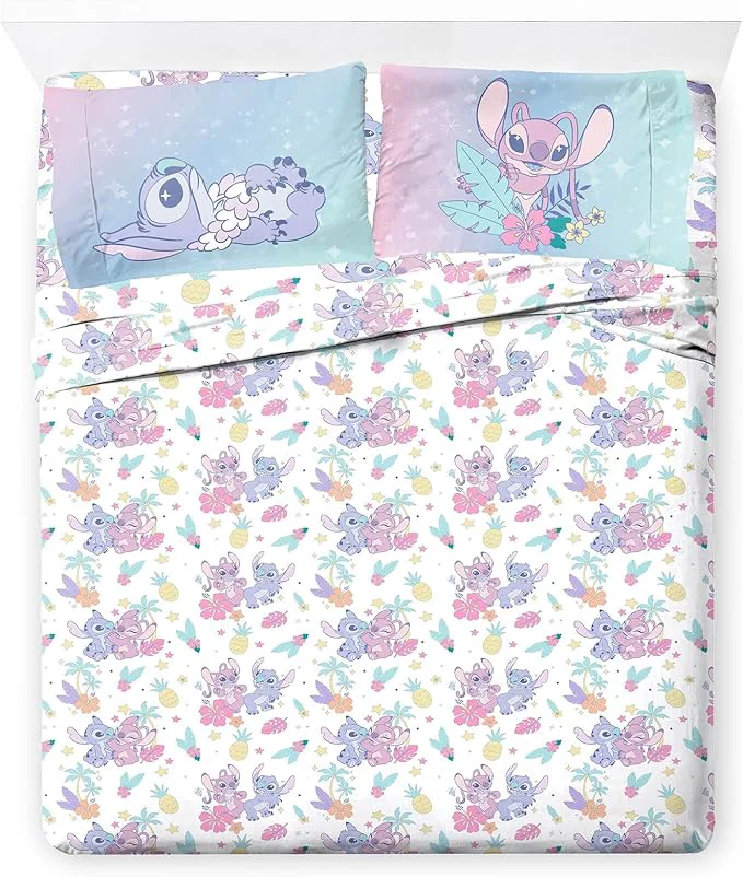 Versatile Jay Franco Disney Lilo amp Stitch Full Size Sheet Set – 4 Piece Kids Bedding Includes Fitted Sheet Flat Sheet amp 2 Pillowcases – Ultra-Soft Brushed Microfiber White Floral Stitch amp Angel Design Clean