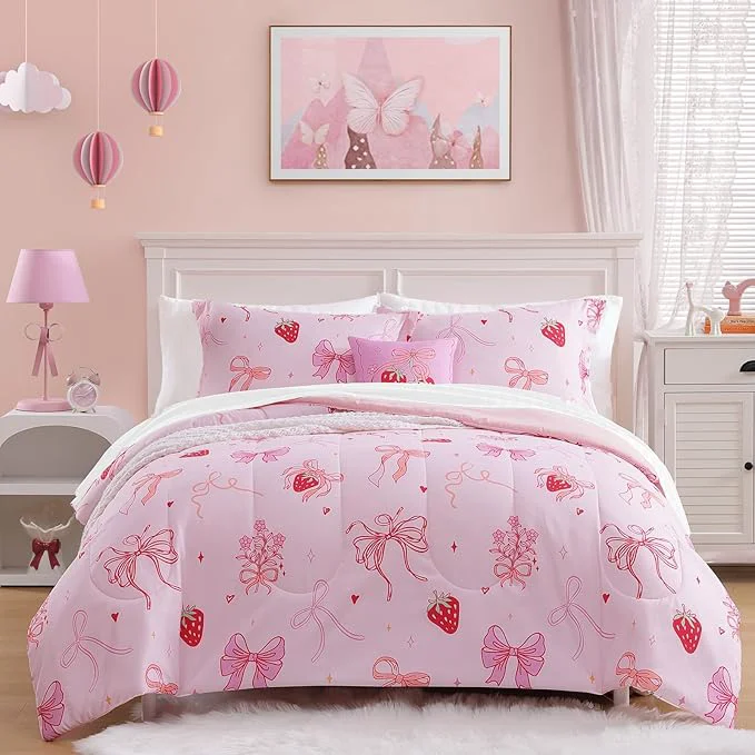 Selected Twin Comforter Set for Girls-3 Pieces Pink Bow Twin Bedding Sets for Kids 1 Comforter 1 Sham and 1 Decor Pillow Traditional