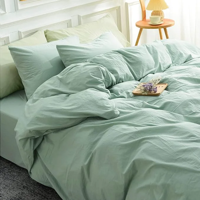 Superior NEXHOME PRO Green Duvet Cover Set Super King 108 quot x98 quot Linen Feel Textured Organic Natural Washed Cotton Duvet Cover 3 Pieces Bedding Set with Zipper Closure Breathable Soft No Comforter Advanced