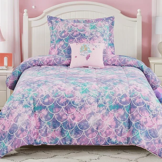 Solid Full Size Comforter Set for Girls-4 Pieces Mermaid Glow in the Dark Full Bedding Sets for Kids 1 Comforter 2 Shams and 1 Decor Pillow Fast
