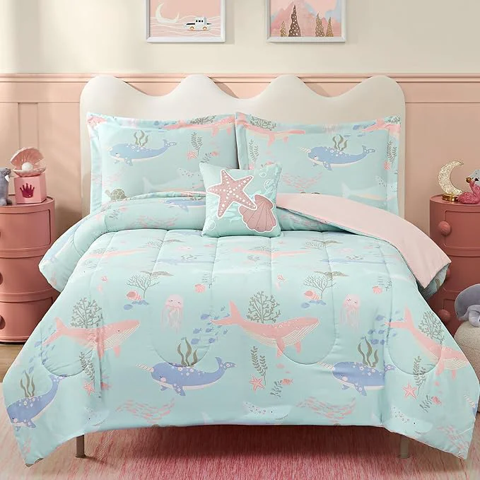 High-Quality Full Size Comforter Set for Girls-4 Pieces Ocean Animals Glow in the Dark Full Bedding Sets for Kids 1 Comforter 2 Shams and 1 Decor Pillow Premium
