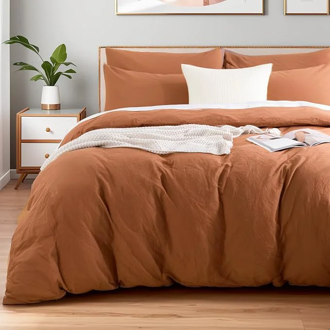 User-Friendly NEXHOME PRO Duvet Cover Set Washed Cotton Super King 108 quot x98 quot Organic Natural Linen Look Textured 3 Pieces Bedding Set Terracotta Burnt Orange with Zipper Closure Soft No Comforter Flexible