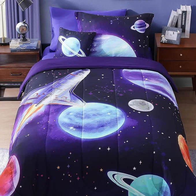 Exceptional Twin Comforter Set for Boys-3 Pieces Navy Blue Space Rocket Twin Bedding Sets for Kids 1 Comforter 1 Sham and 1 Decor Pillow Comfortable