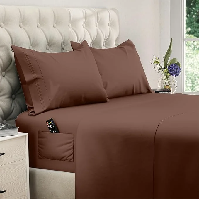 DREAMCARE Twin XL Sheets Set – 4 Pcs Cooling Bed Sheets with Up to 15 quot Deep Pockets – Soft Long-Lasting Brushed Polyester with Side Pocket Mocha Brown Easy-to-Use